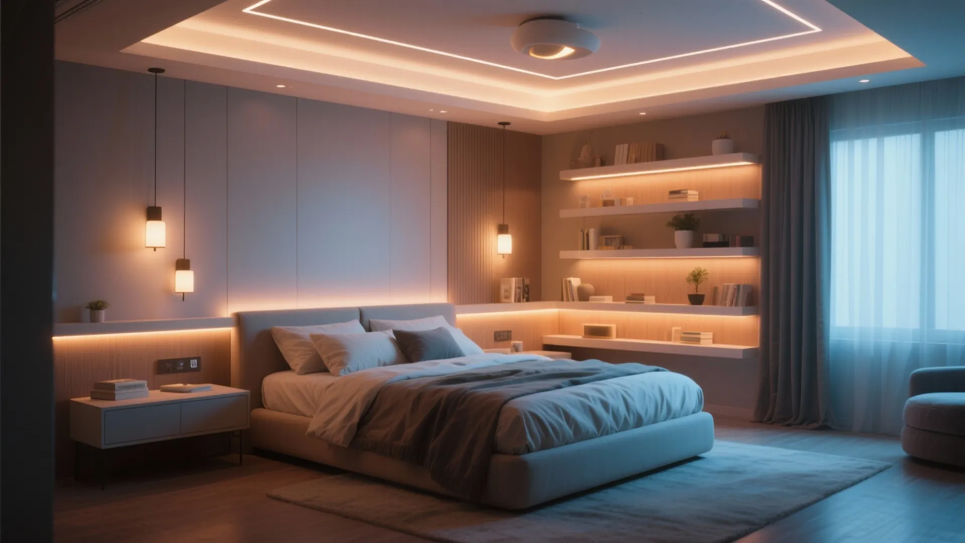 Modern bedroom interior with warm ceiling light hidden wall lights and bedside light fixtures for mood