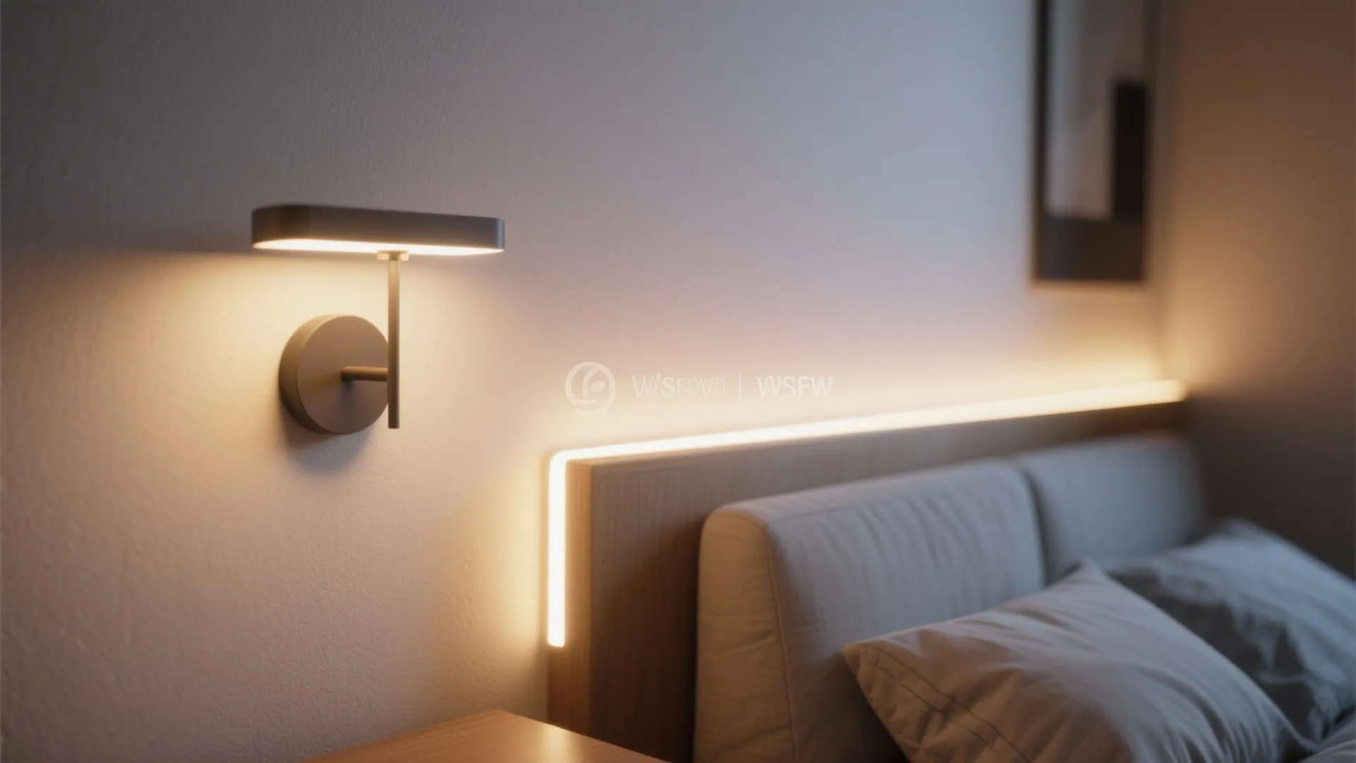 Modern bedroom with warm wall light and led strip light integrated into the wooden bed headboard
