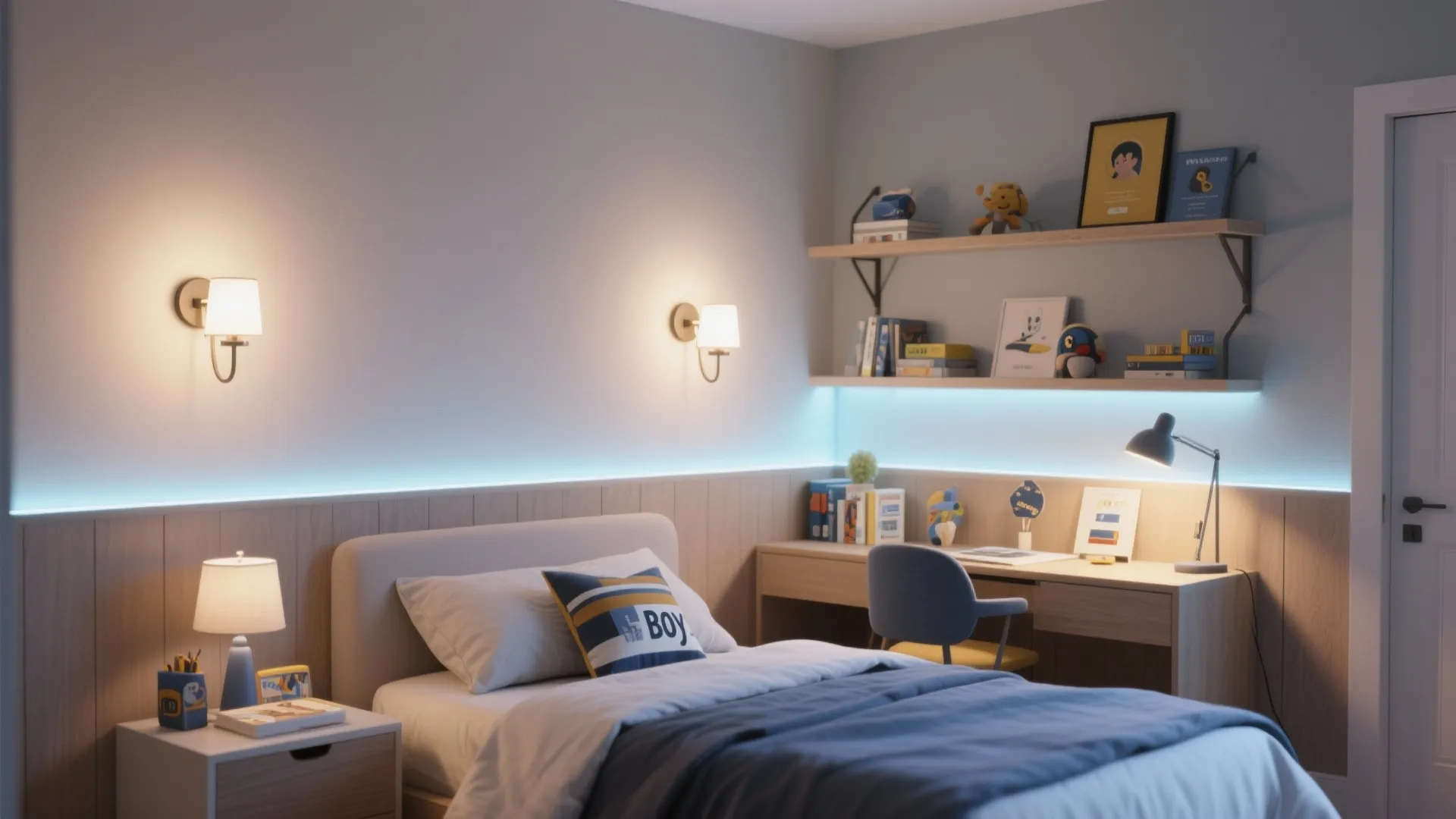 Modern bedroom with wall light fixtures desk lamp and blue glow light behind the headboard