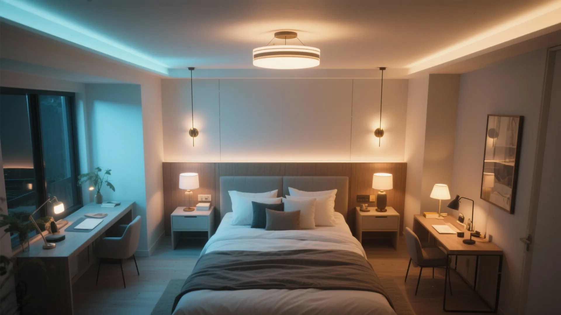 Modern bedroom with smart light fixture warm ceiling light bedside lamps and two wooden study desks