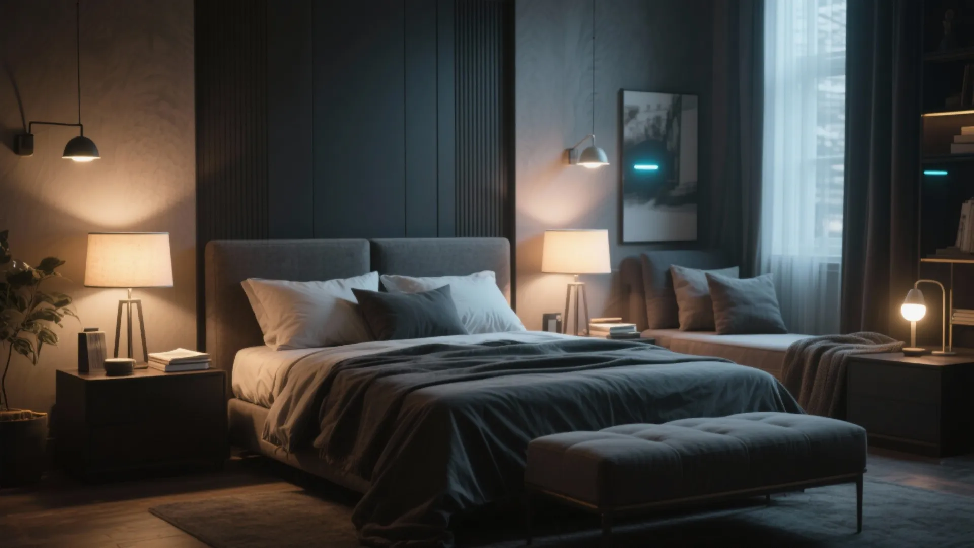 Modern dark bedroom with smart lighting on side tables and wall for cozy evening atmosphere