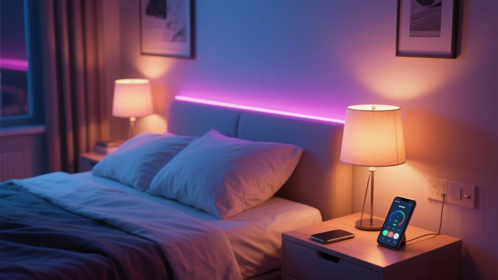 Layered smart lighting in a small bedroom with bedside lamps, LED strip, and phone control