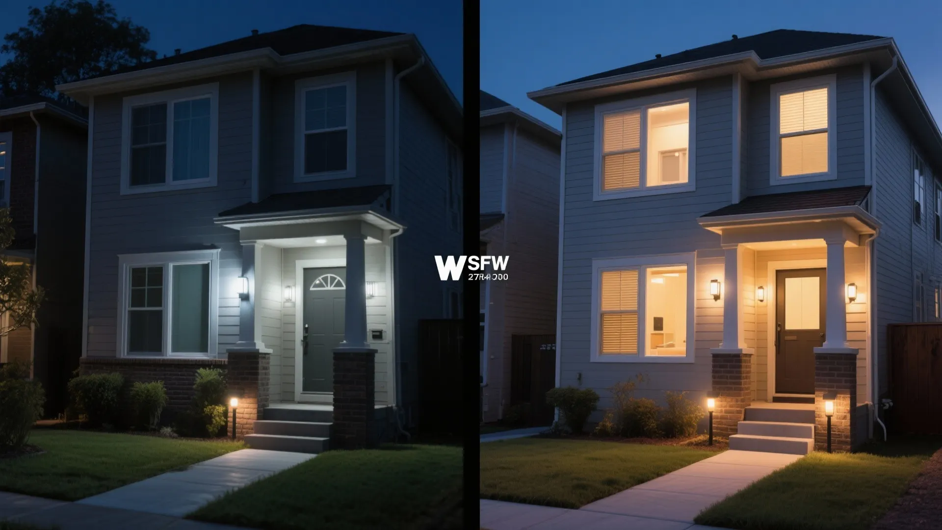 Before-and-after of a compact exterior showing glare reduced and warm smart lighting added.