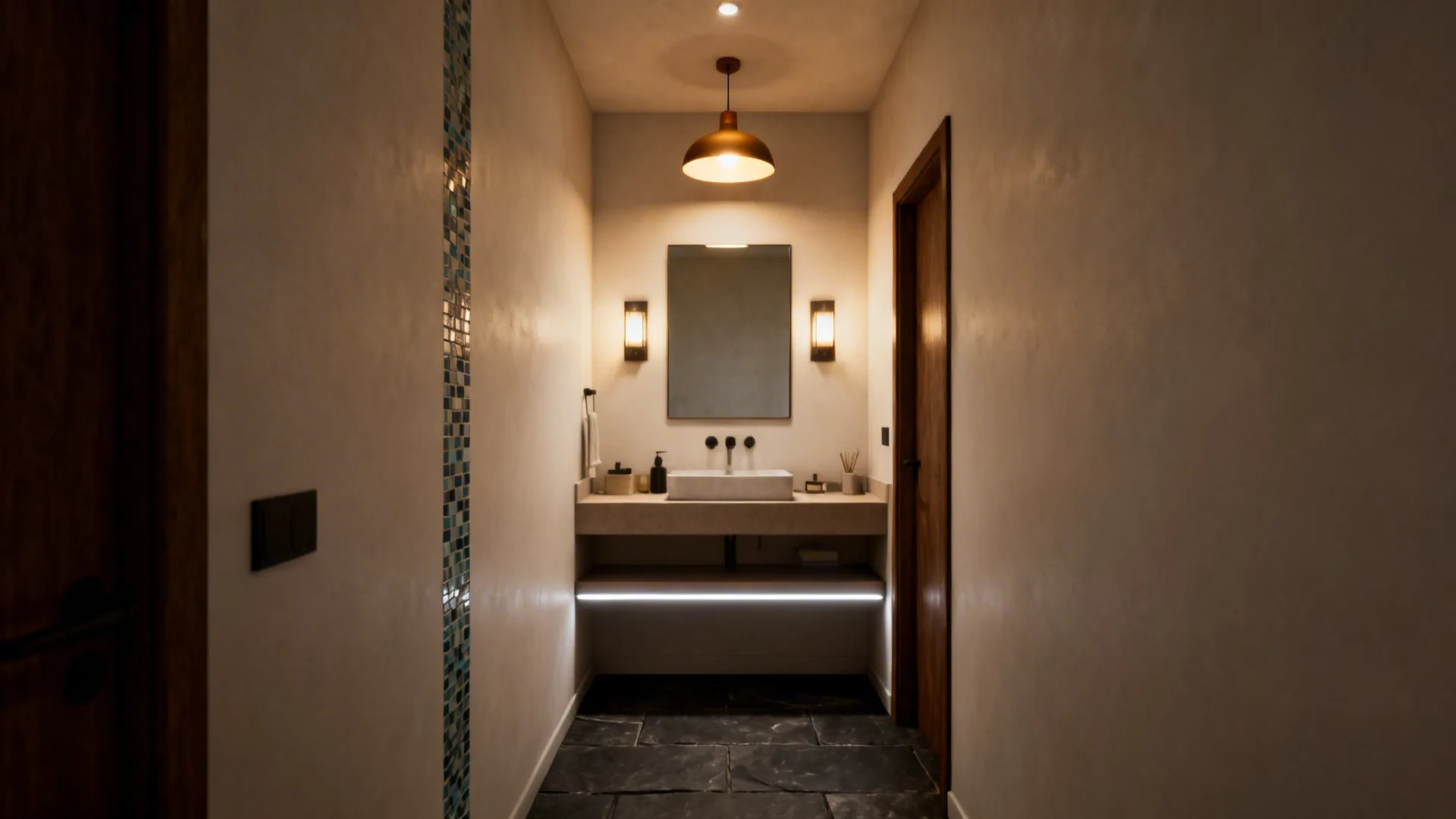 Layered lighting with LED strips and sconces, dark floor and light walls with mosaic accent stripe.