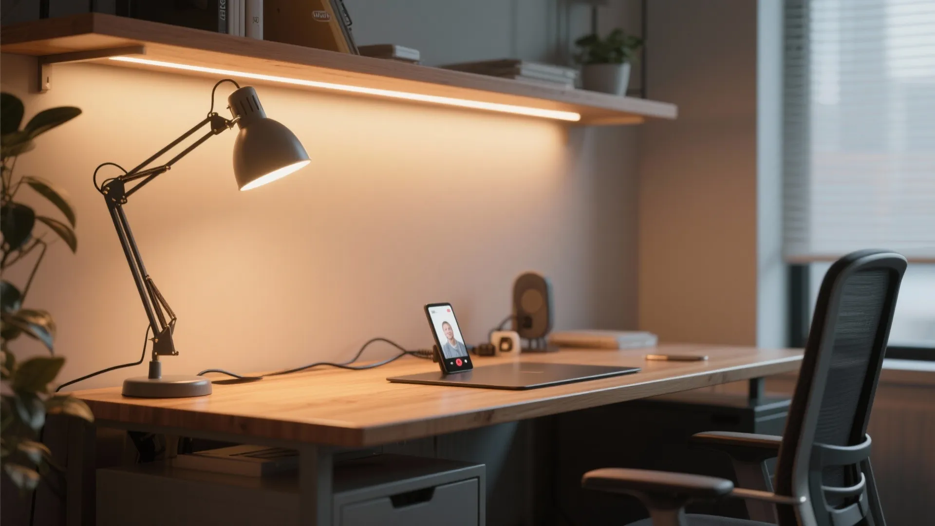 Wooden desk with black desk lamp warm strip lighting a smartphone and an office chair