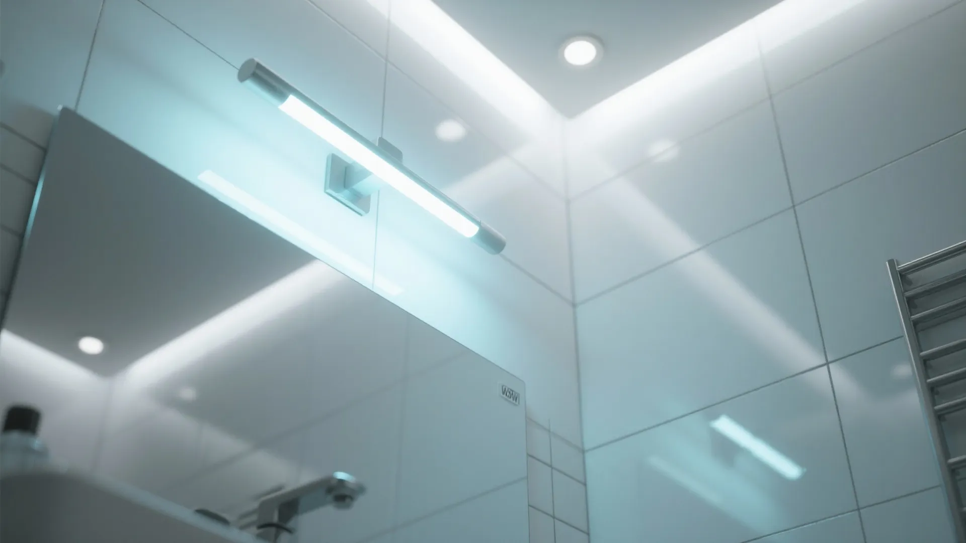 Close up of a wall light above a bathroom mirror with bright white tiles and ceiling
