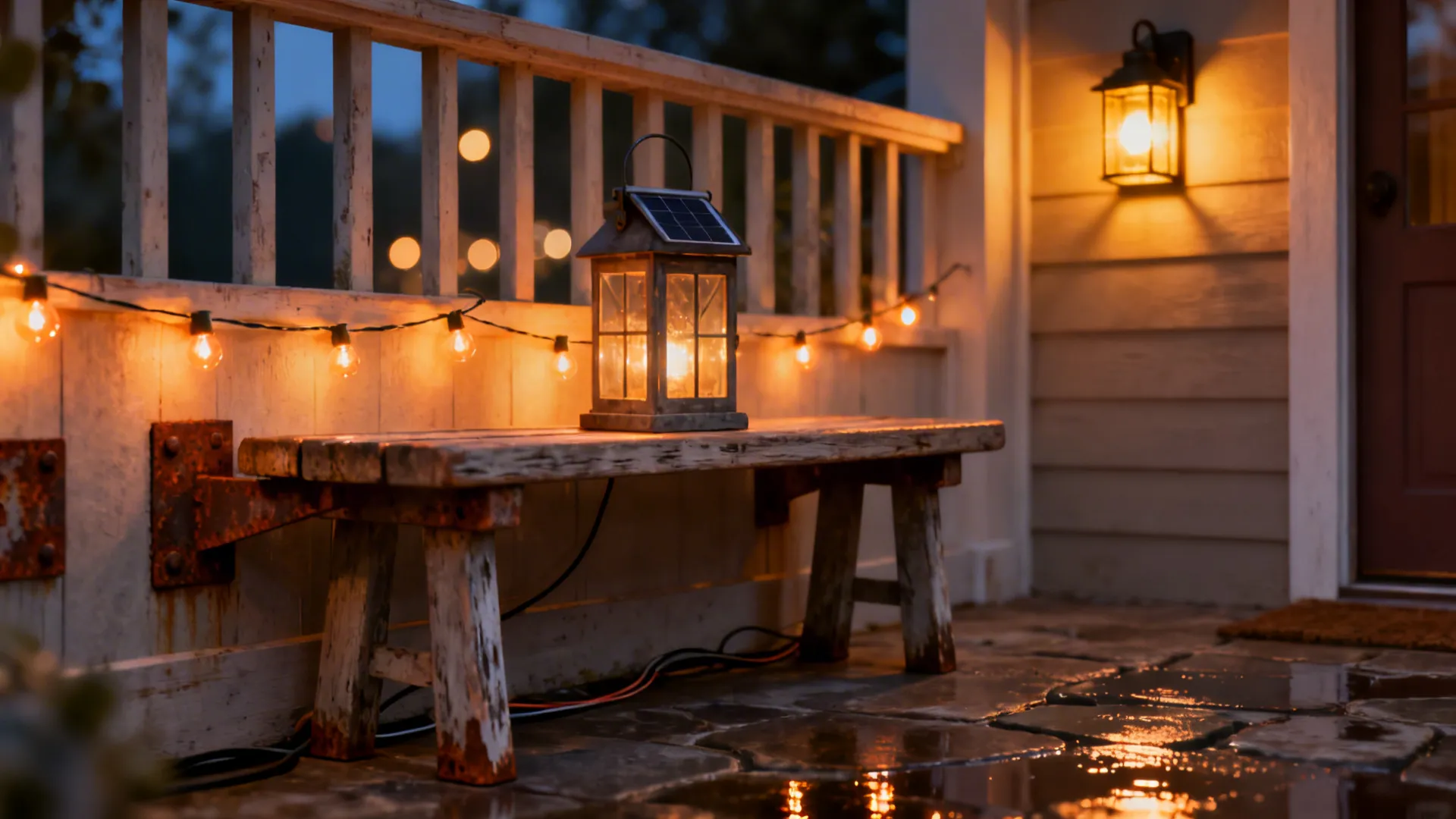 Close-up of warm string lights, solar lantern and dimmable sconce on a small porch.