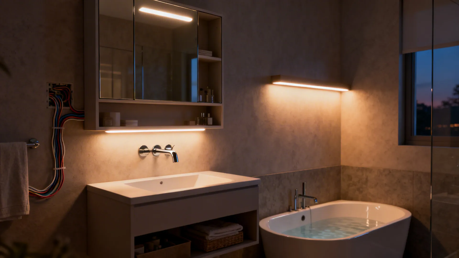 Shallow wall-mounted vanity with mirrored integrated lighting and wall-mounted faucet over a small tub.