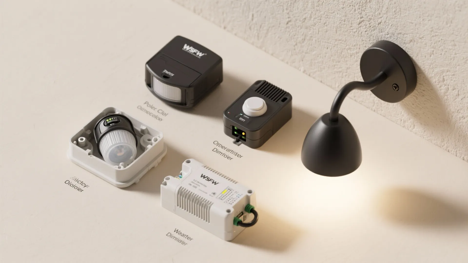Smart lighting components including dimmers and sensors placed next to a black wall light fixture
