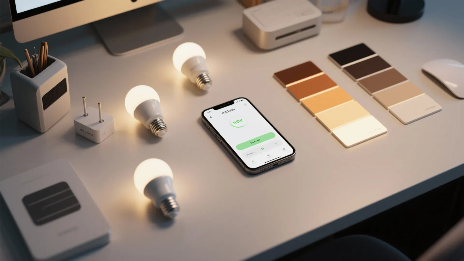 Flat lay of smart LED bulbs and lighting control app