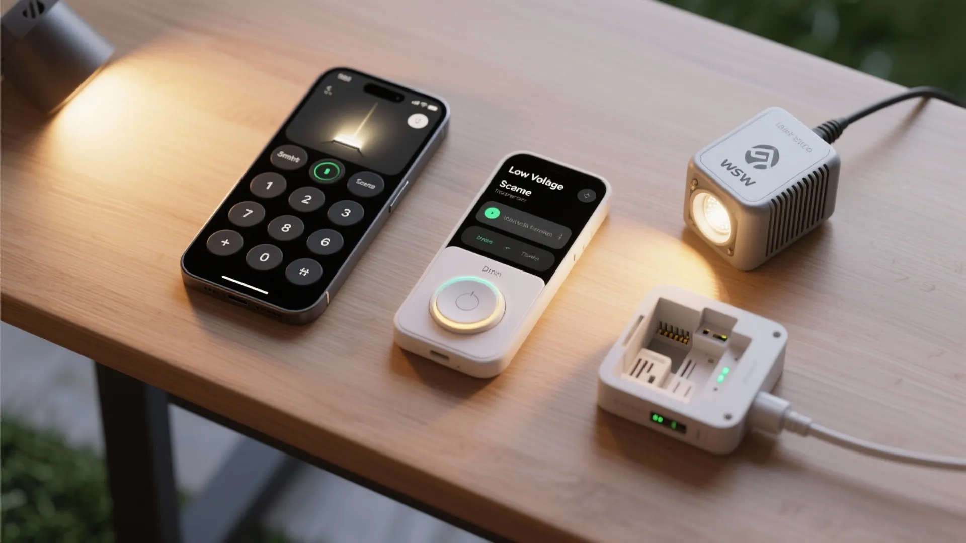 Smartphone showing lighting control app next to remote and small cube light on wooden table