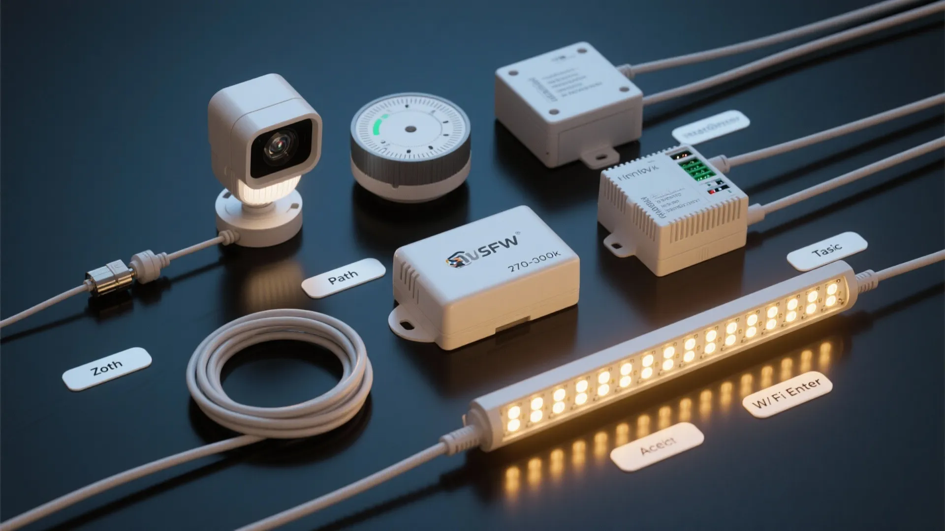 Flatlay of smart exterior lighting gear: photocell, timer, dimmable driver, zone labels, and LED modules.