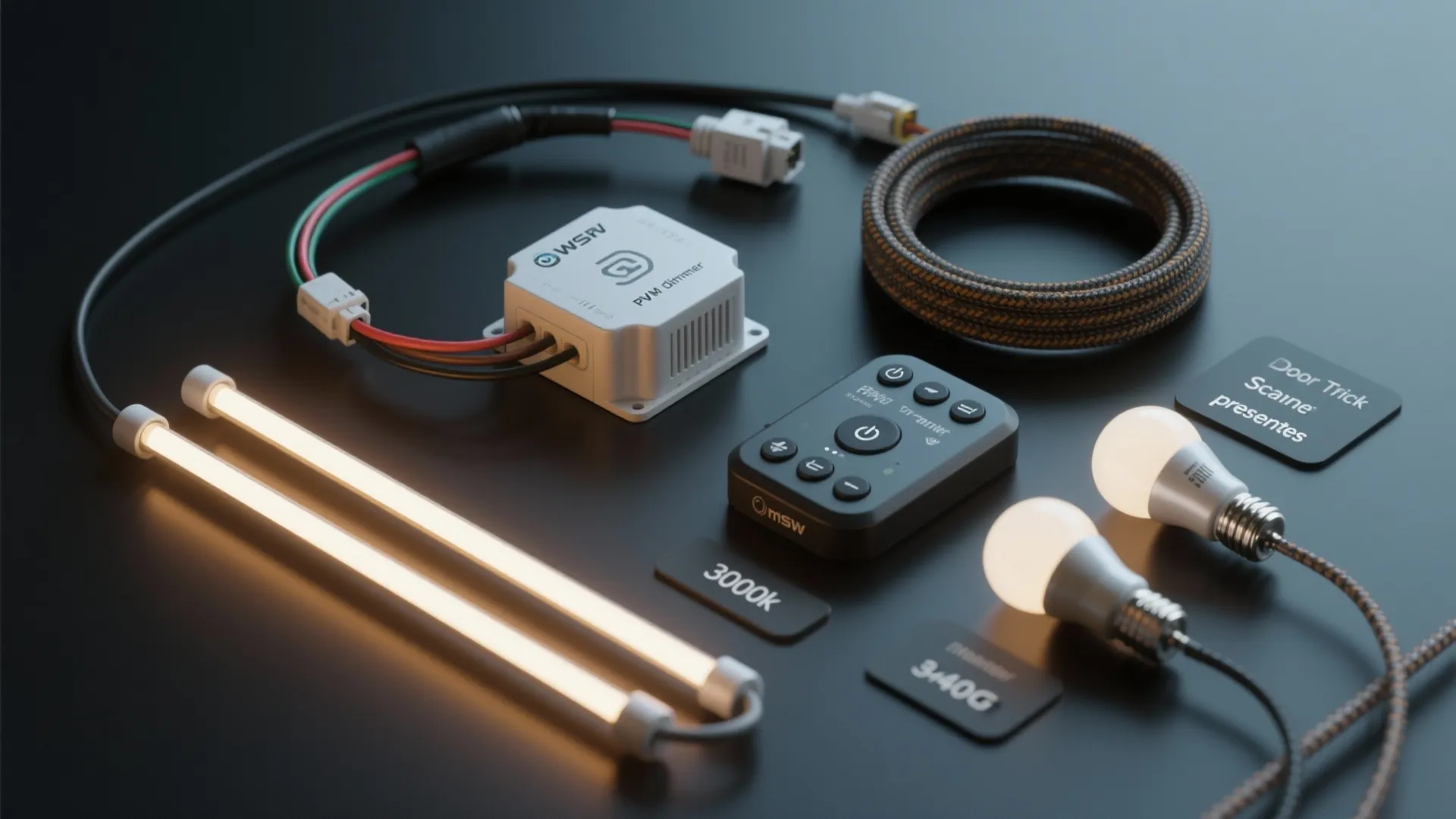 Smart light kit with remote control power box light bulbs and LED strips on black background