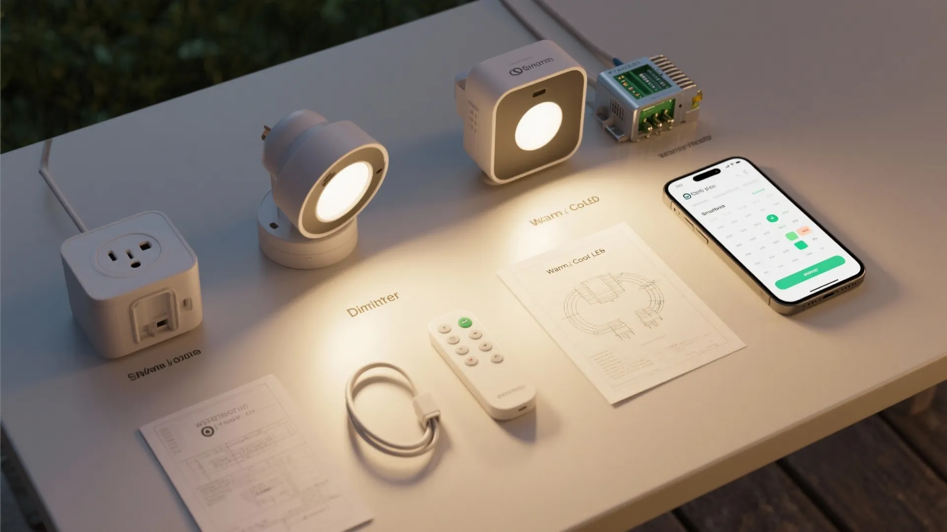 Flatlay of smart dimmer, smart plug, LED drivers and smartphone app for scheduling outdoor lights
