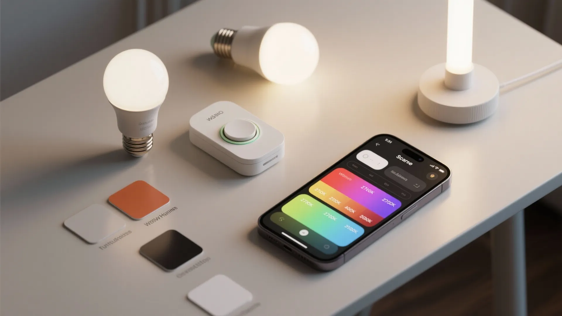 Flatlay of tunable LED bulbs, smart dimmer, phone app showing scenes and color temperature swatches.