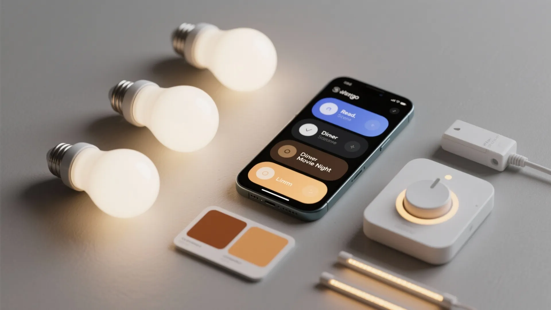 Smart light bulbs controlled by a mobile phone app with dimmer switch and color swatches