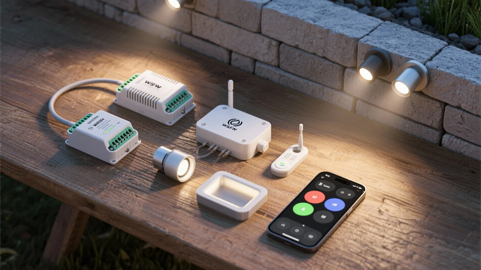 Flatlay of weatherproof smart lighting components and a smartphone showing scene presets for outdoor use.