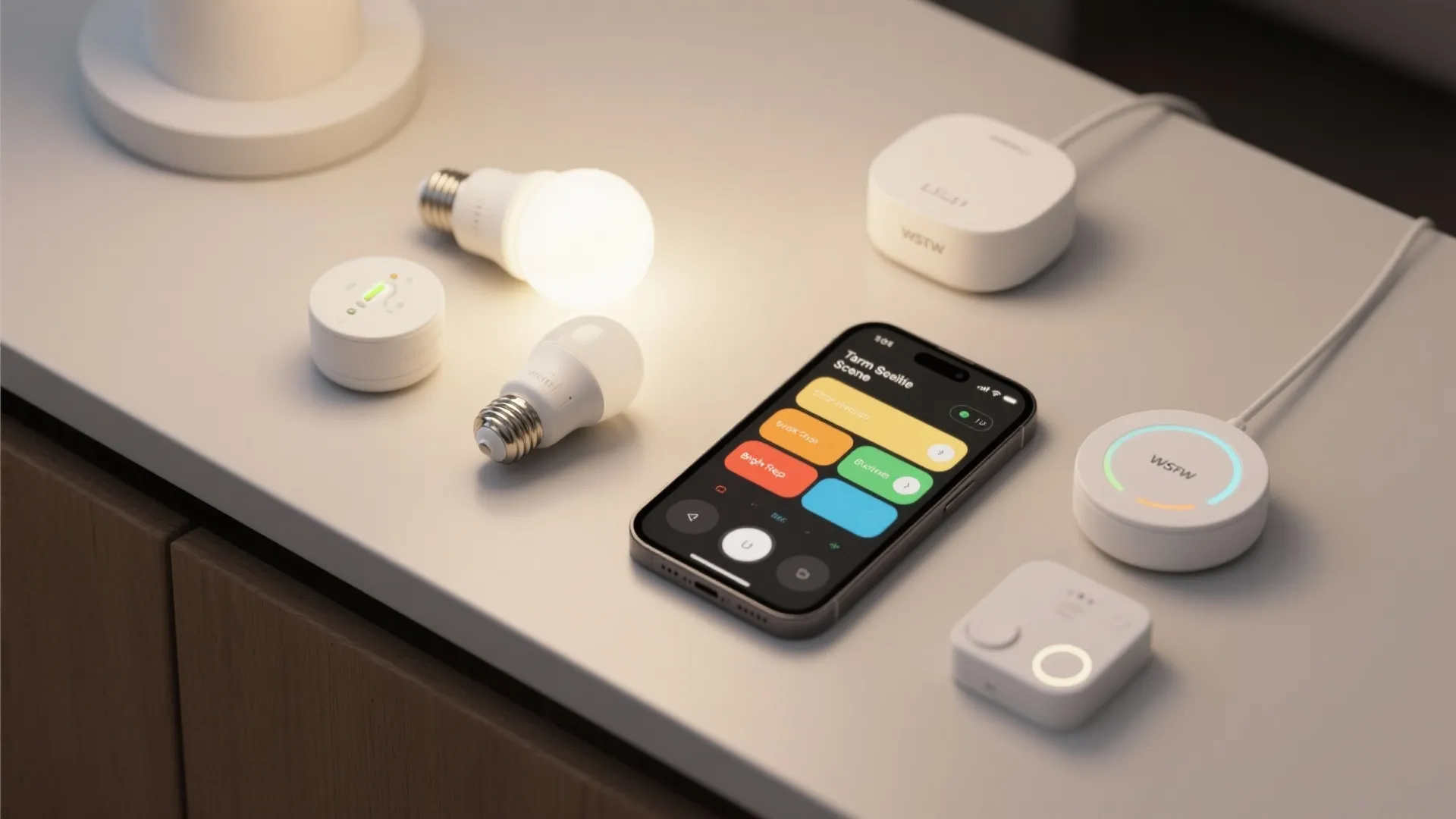 Flatlay of smart bulbs, a wireless dimmer, and a phone showing lighting scenes
