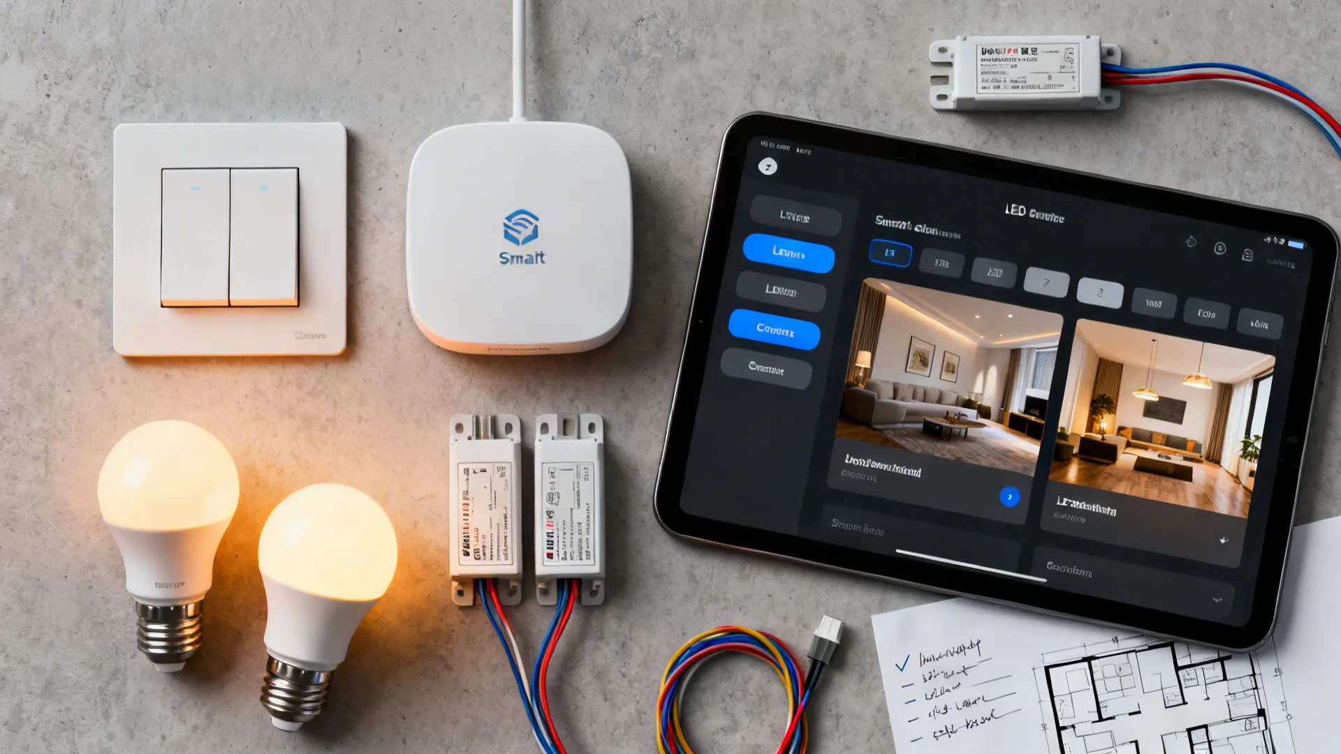 Flatlay of smart dimming controls, LED drivers, and a tablet with scene presets for tall rooms.