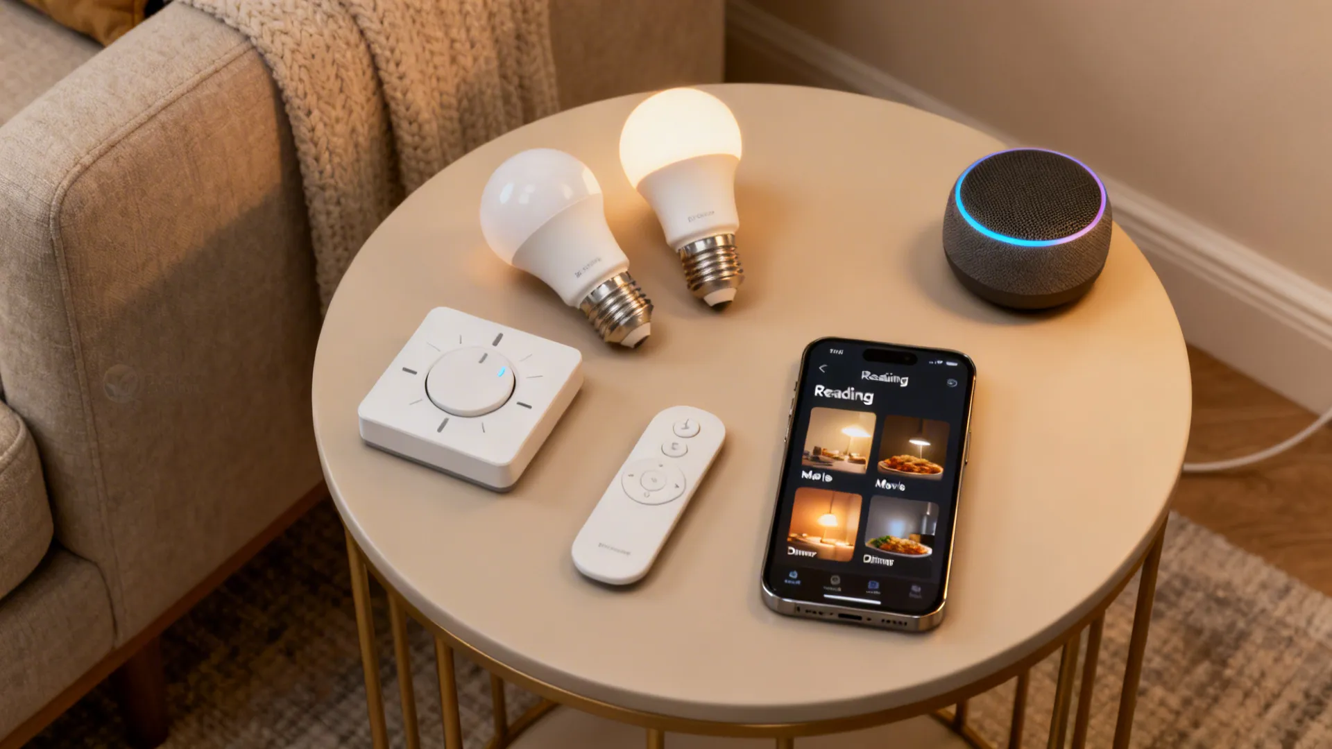 Flatlay of smart bulbs, dimmer panel, and phone showing lighting scenes for easy mood control.