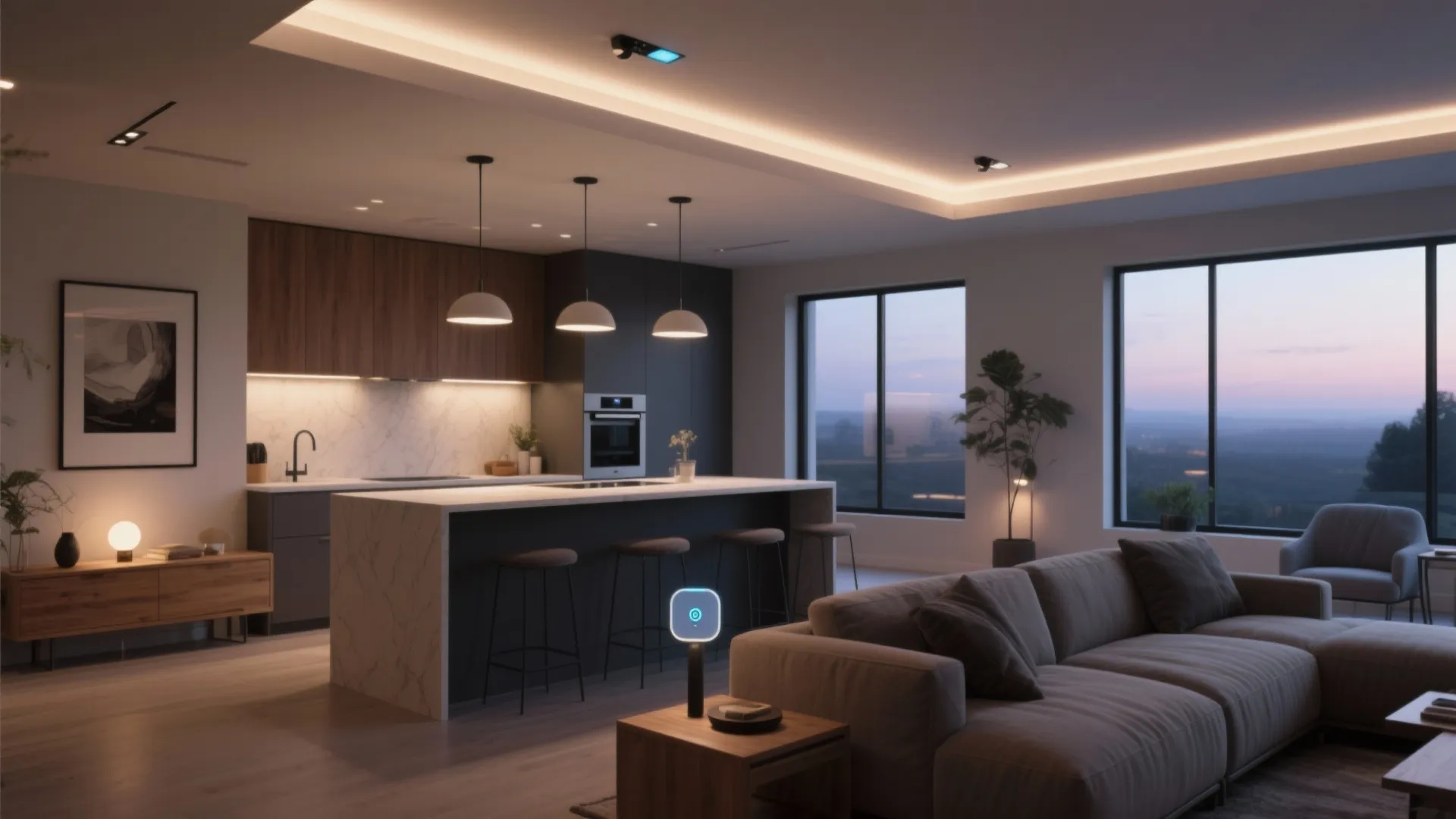 Modern kitchen and living room with white island three ceiling lights grey sofa large windows
