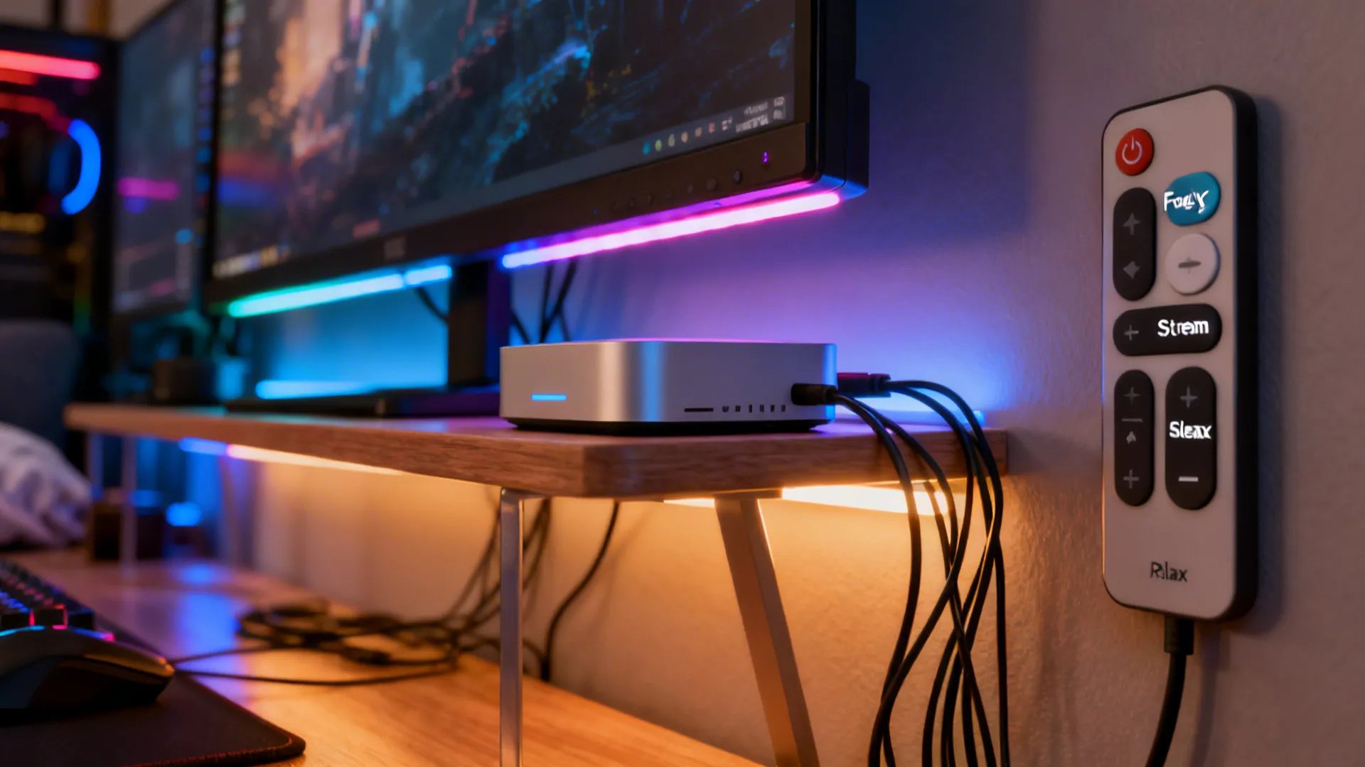 RGB strips behind monitors with a smart hub and remote control panel for lighting scenes.