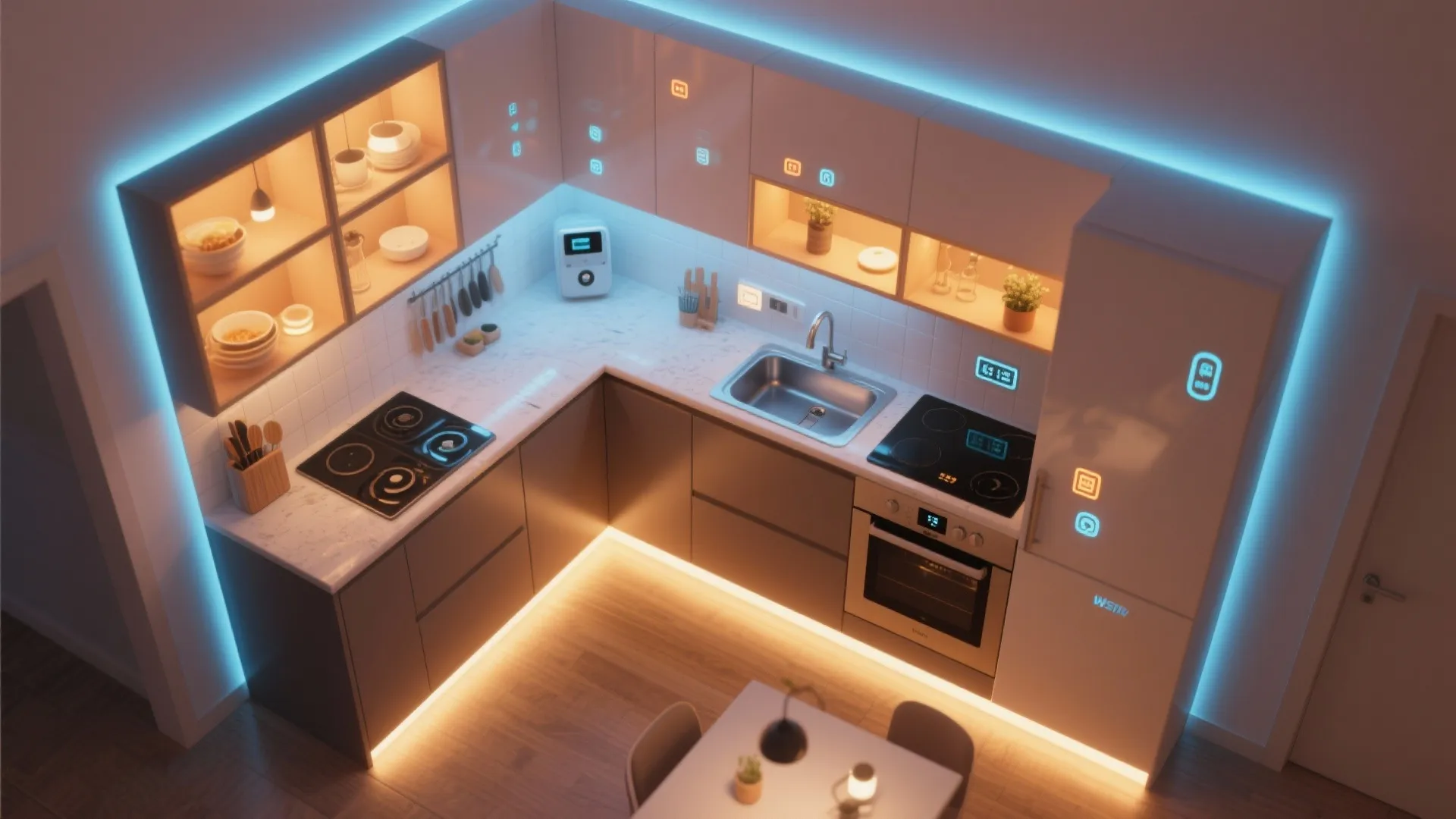 Modern kitchen with smart blue and warm light strips on white cabinets and marble counters