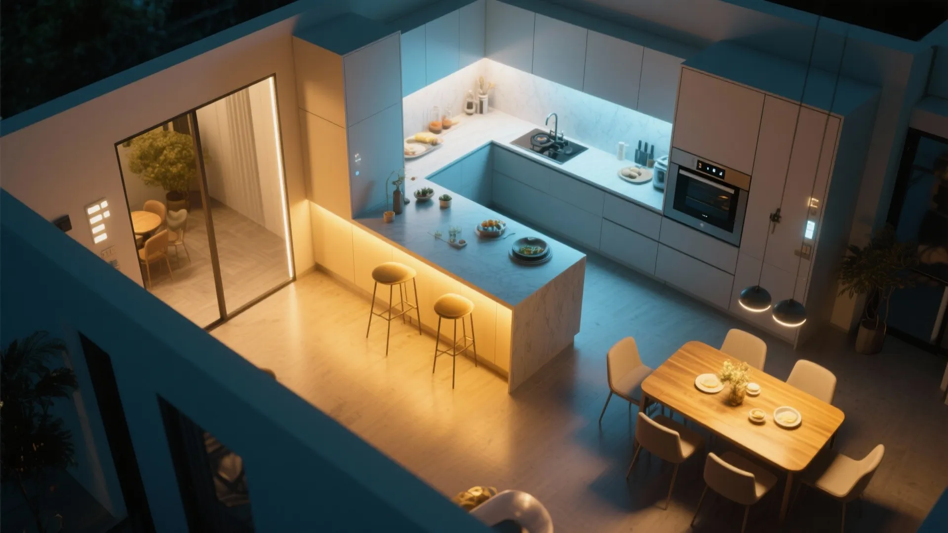 Kitchen with smart lighting zones for prep and dining