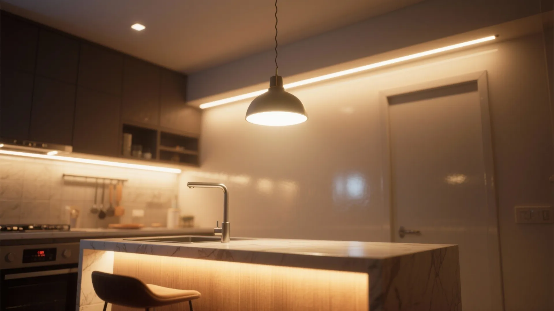 Layered kitchen lighting: under-cabinet LEDs, pendant, and dimmable ceiling fixture in a small space.