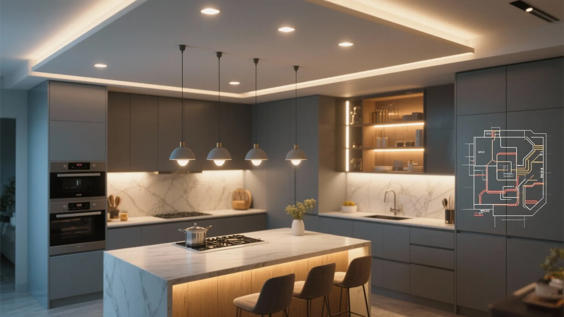 Kitchen showing layered lighting: under-cabinet LEDs, pendants, and recessed lights warming grey tones.
