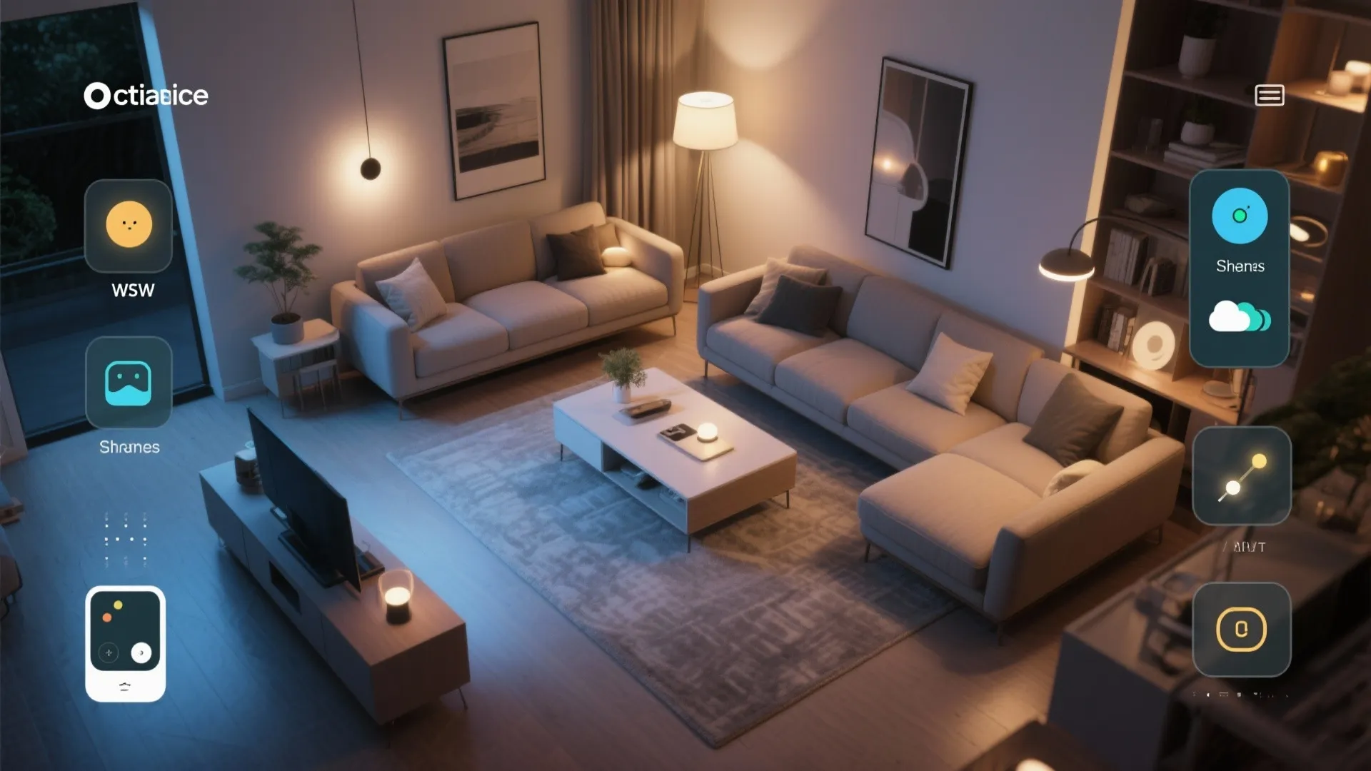Top-down view of living room with smart lighting plan