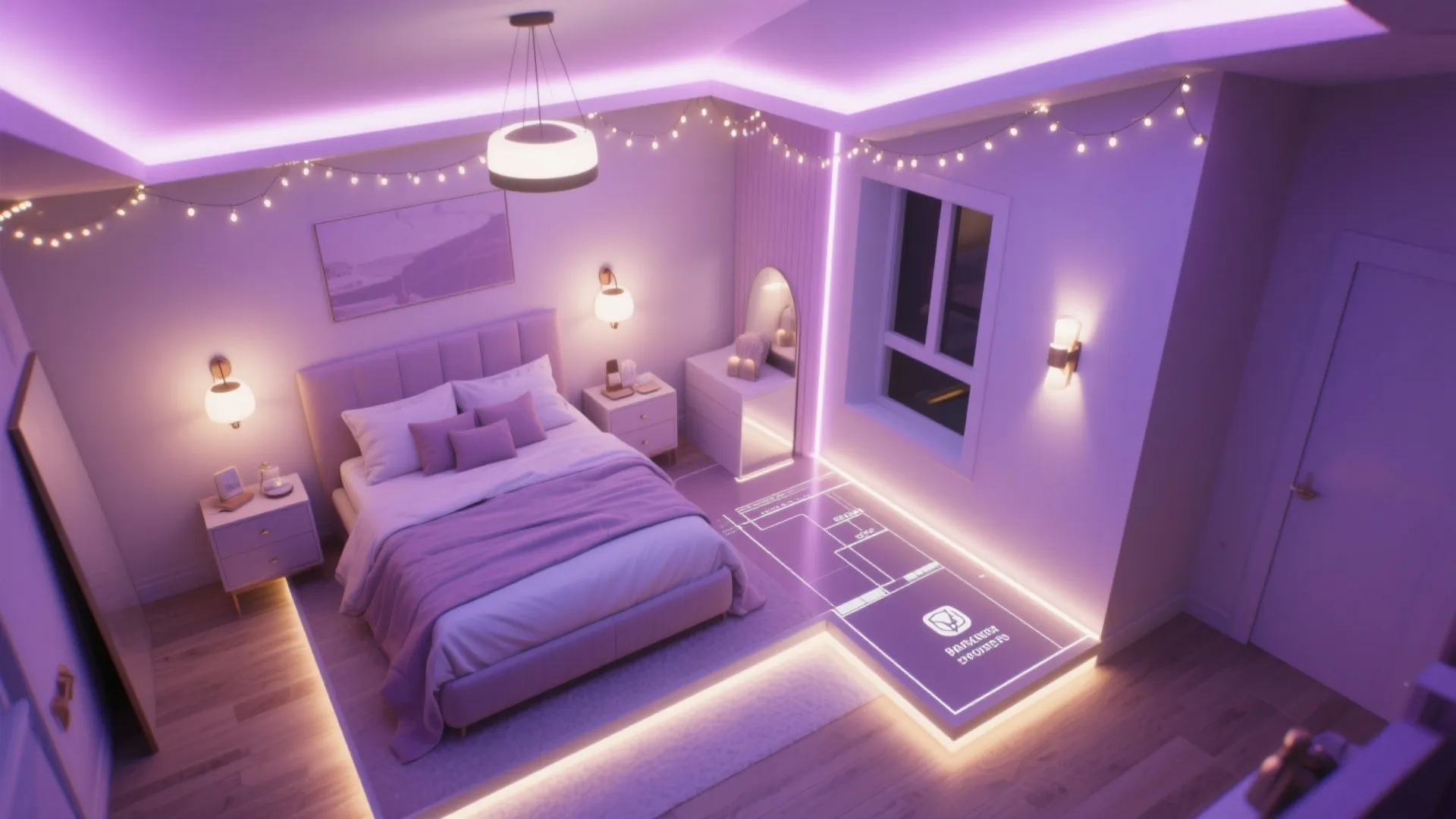 Modern bedroom with pink LED lights and digital floor plan projected on the wooden floor