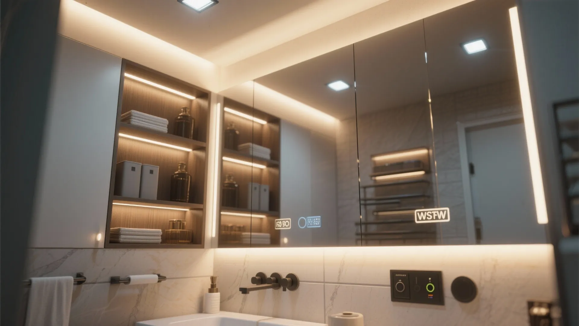 5. Smart Lighting Layers and Mirror Cabinets