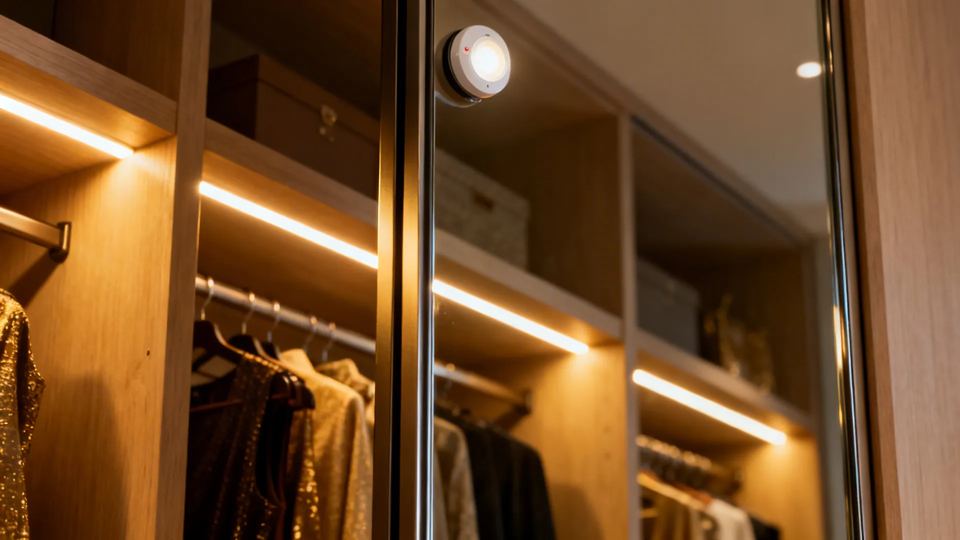 Warm LED strip lighting behind shelves and a mirrored sliding door in a reach-in closet