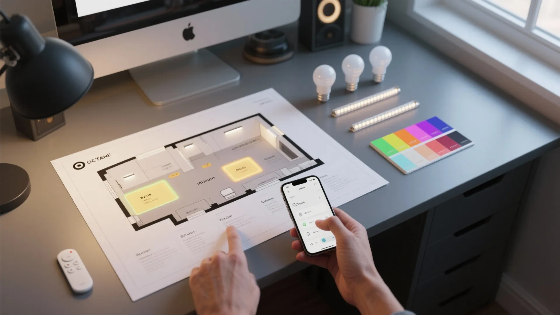 Top-down mockup of a small studio lighting plan with smart control app, swatches, and sample bulbs.