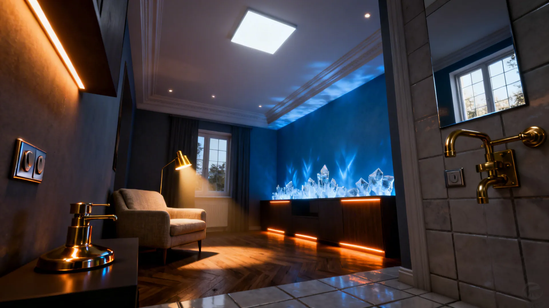 Small living room demonstrating layered lighting effects with warm and cool bulbs