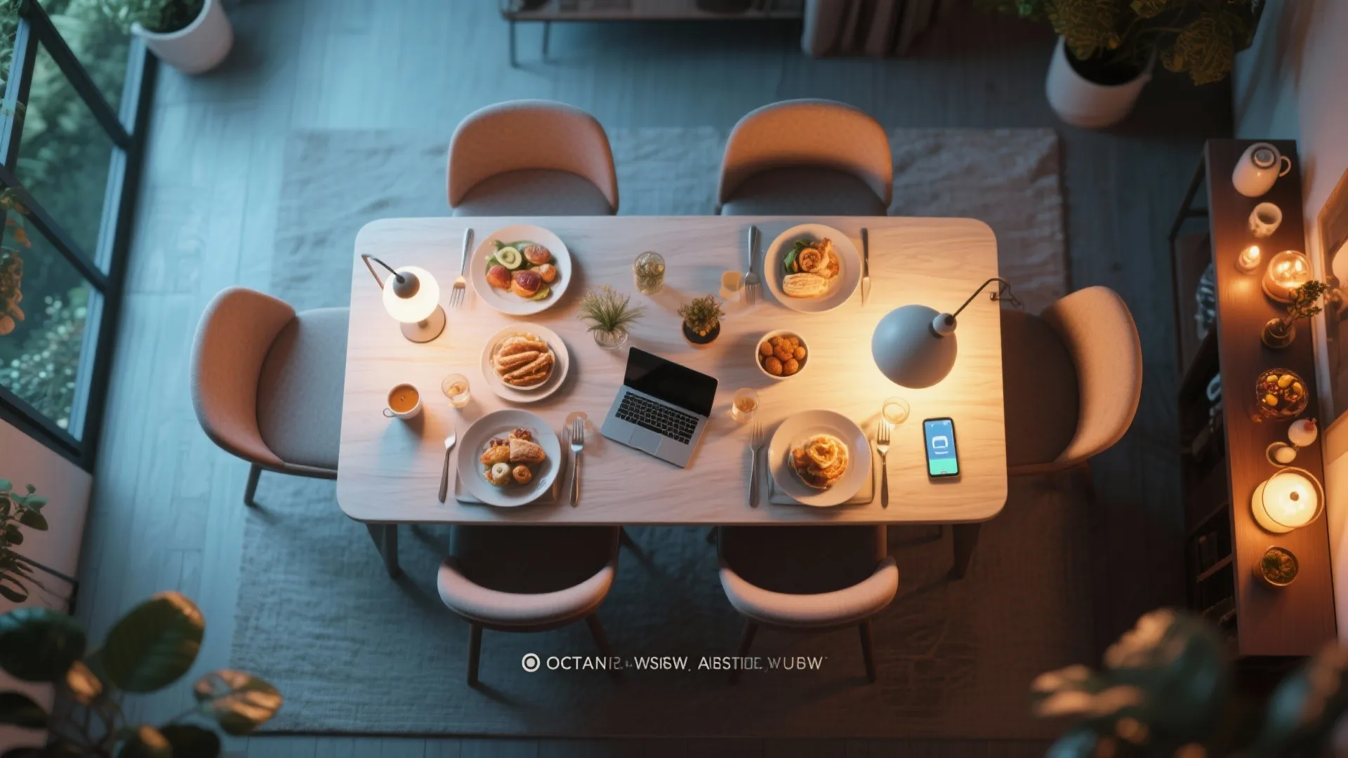 Top view of dining table with food and laptop lit by warm desk light fixtures