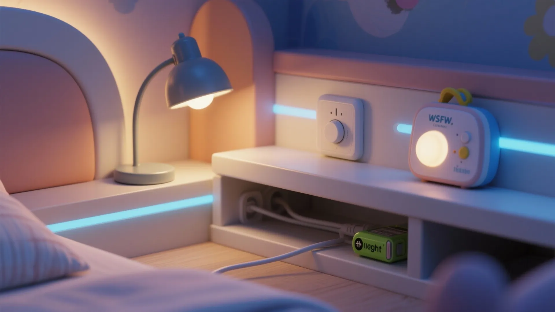 Close-up of bedside reading lamp, concealed under-bed LED strip, and cord management for child safety.