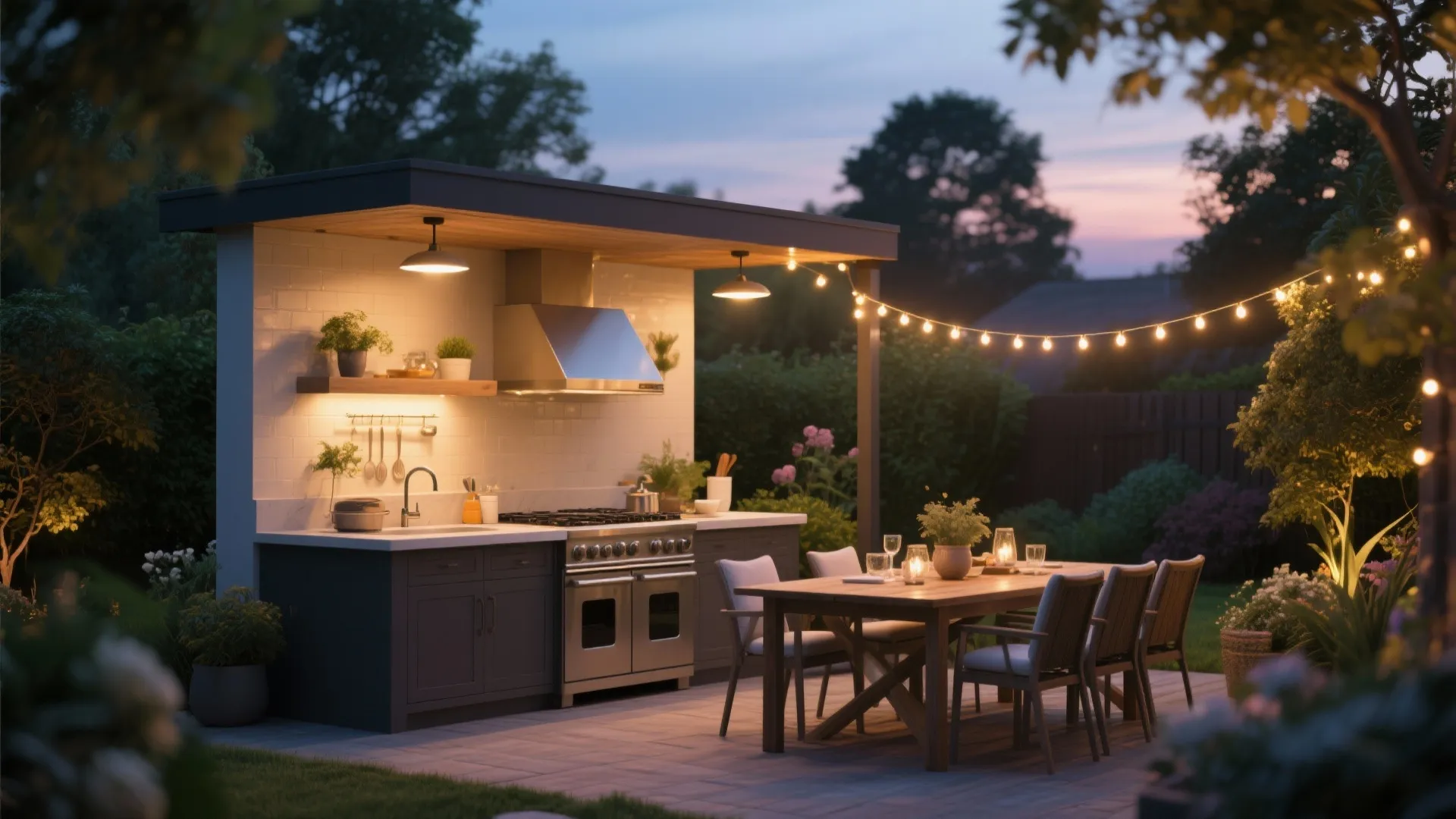 Outdoor kitchen with task lighting over cooking area and ambient lights