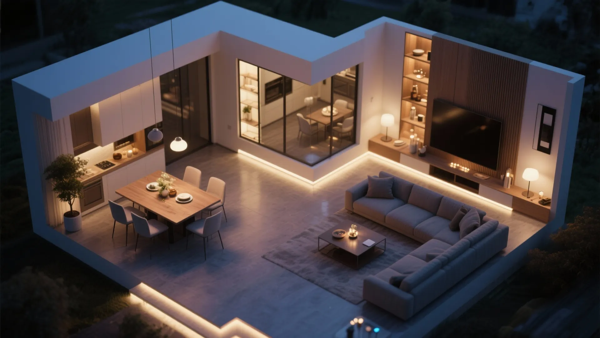 Top-down view of smart lighting setup in dining and living area