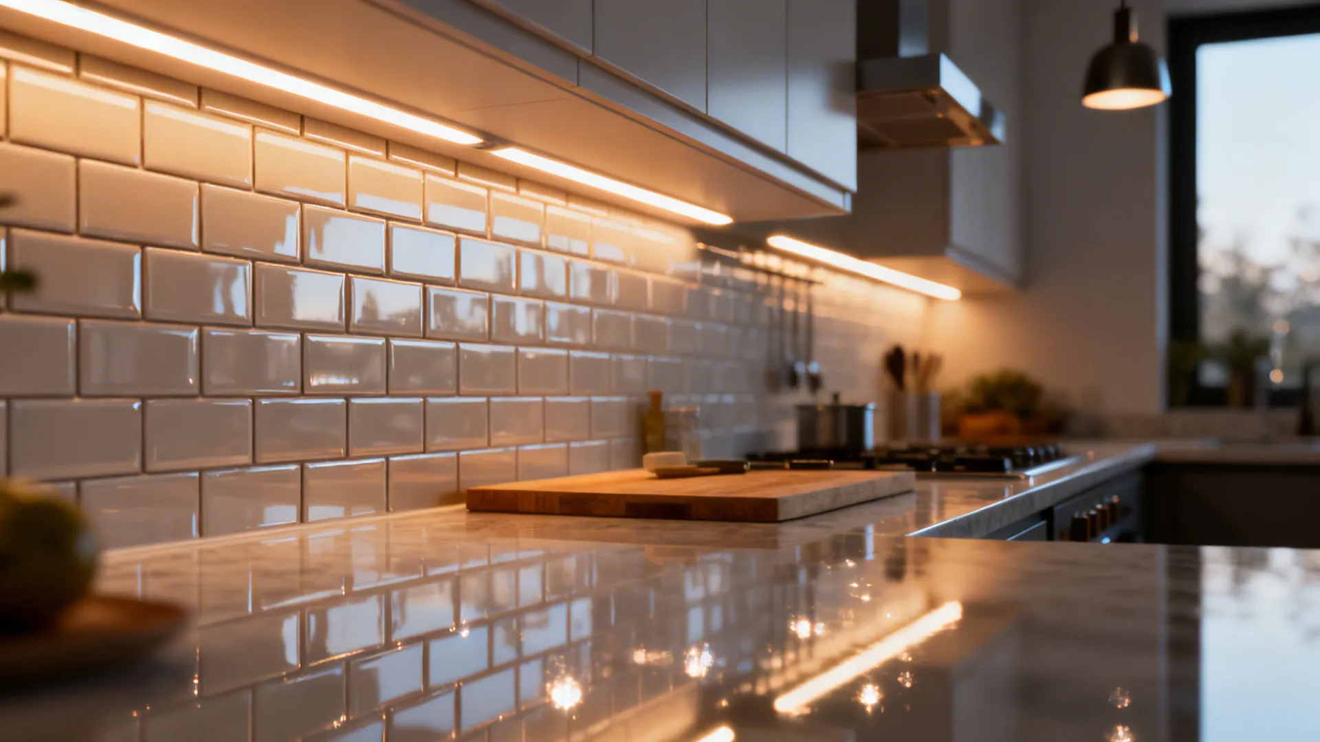 Under-cabinet LEDs and glossy backsplash reflecting light in a compact kitchen.
