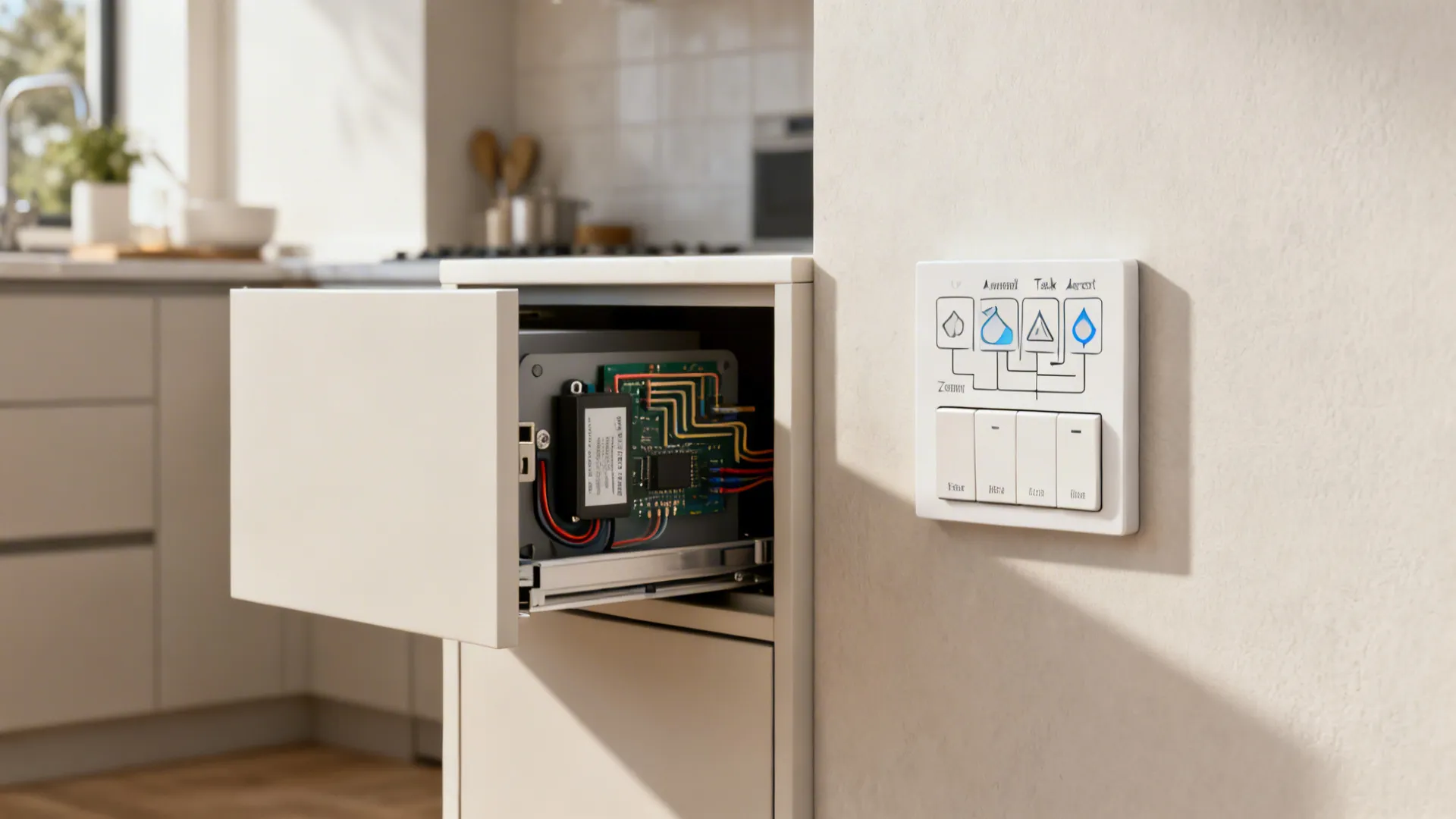 Compact kitchen showing ambient, task, and accent zones with a simple wall control.