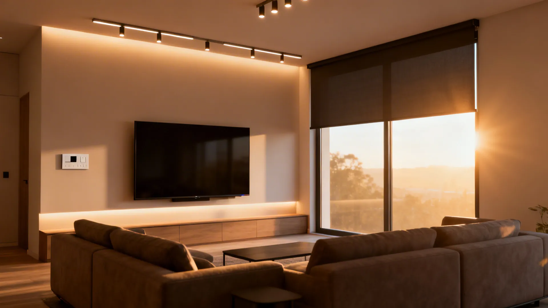 Layered lighting with bias lighting behind a TV and blackout roller shade managing window glare.