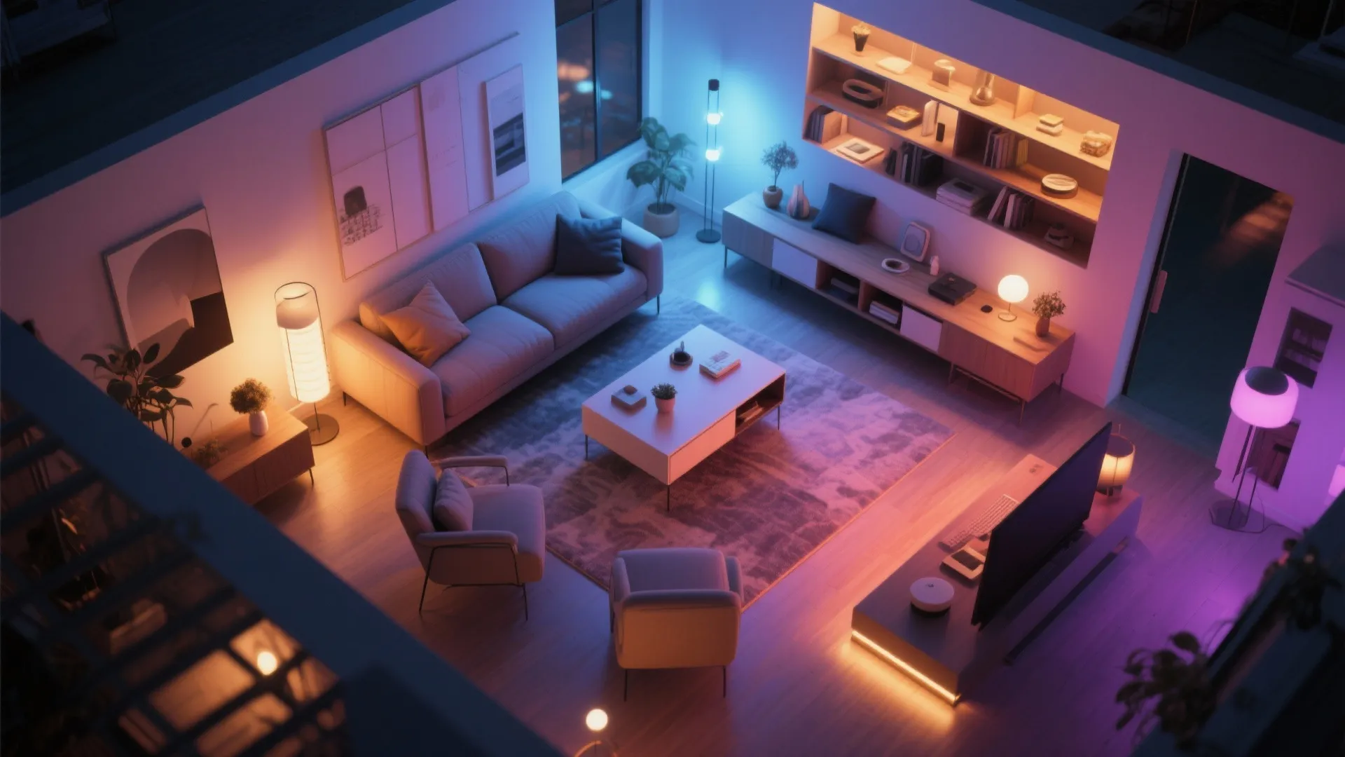Modern living room layout with colorful smart light bulbs creating purple and blue ambient lighting