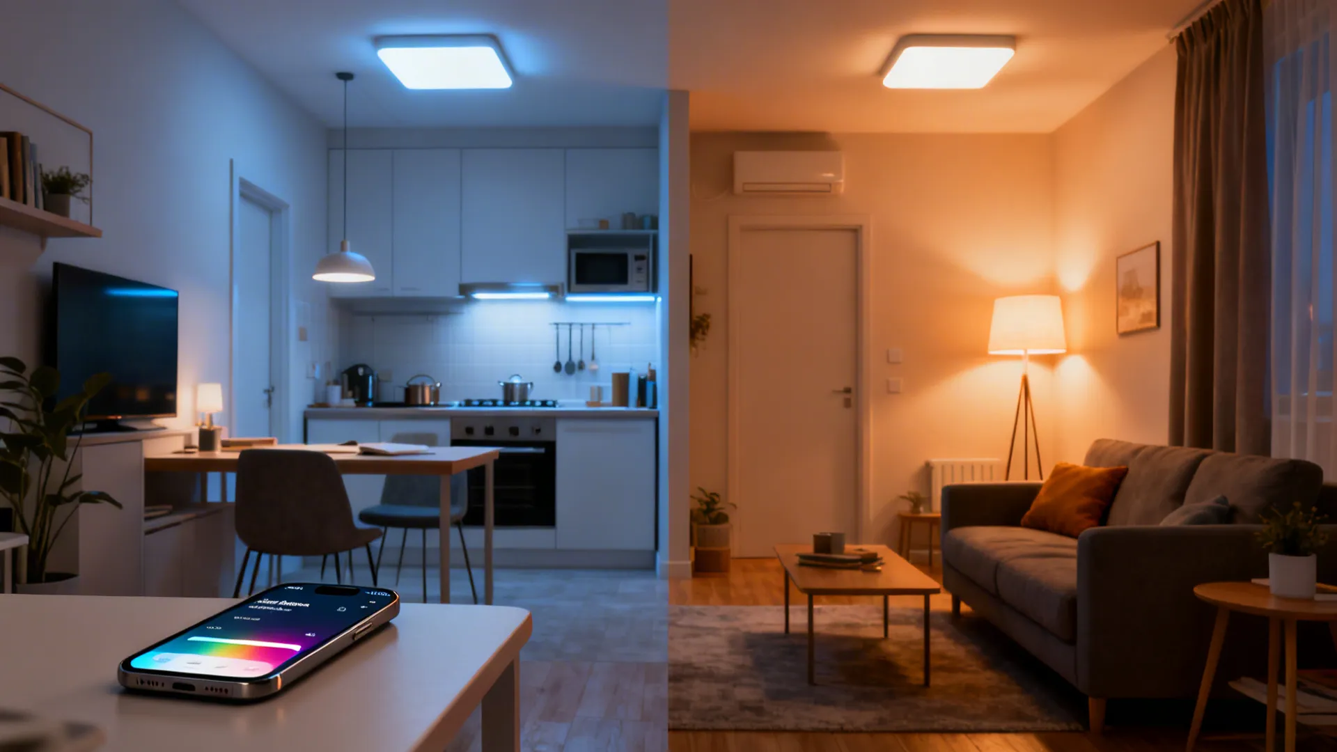 Living room demonstrating smart tunable LEDs with a smartphone app controlling color temperature.