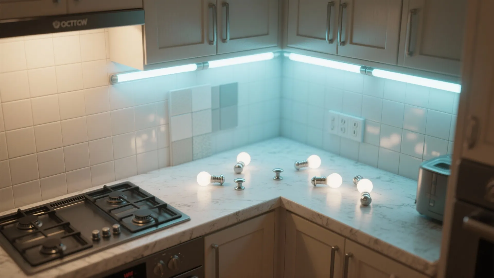 Kitchen corner showing light fixture strips under cabinets with small round bulbs on marble countertop