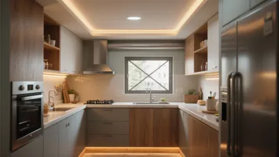 Modern L-Shaped Kitchen with Warm Lighting & Smart Storage