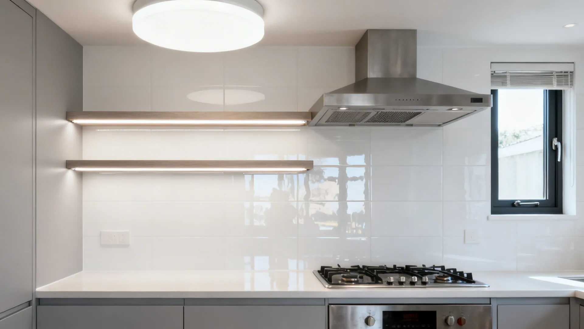 Compact kitchen with layered lighting and a simple range hood near a window for ventilation.