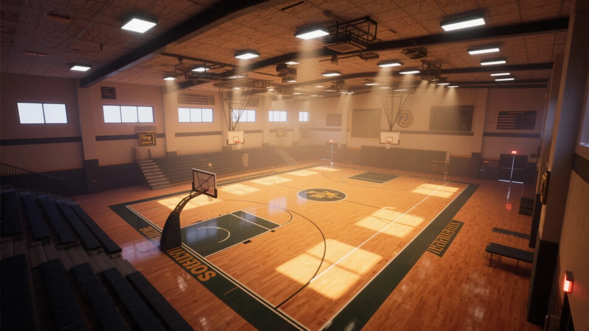 Large indoor basketball court with wooden floor bleachers many ceiling lights and bright natural light