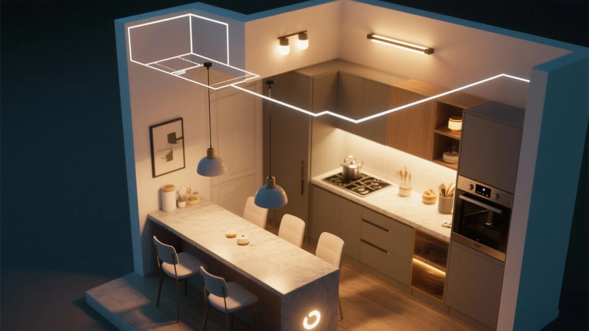 Modern kitchen with island breakfast bar showing glowing light lines for smart light fixture zones